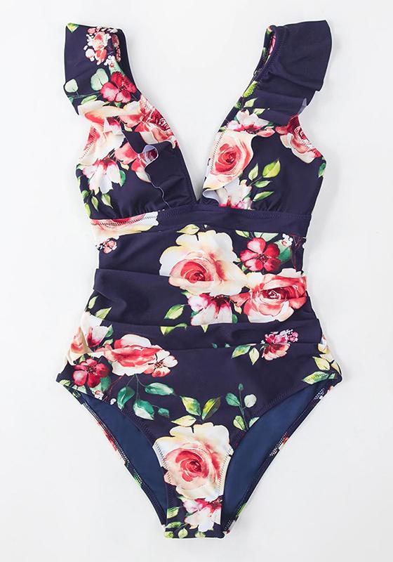 Navy Floral Plunge V-neck Ruffled One-Piece