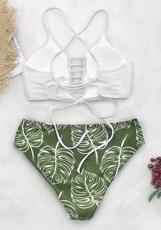 White and Leaves Print Mid-waist Bikini Set