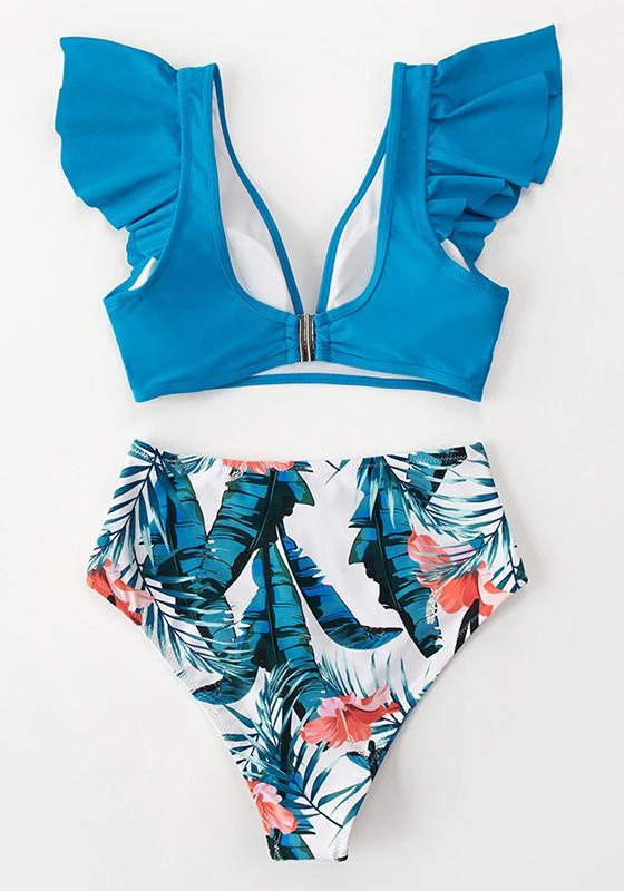 Teal Floral Ruffled High Waist Bikini Set