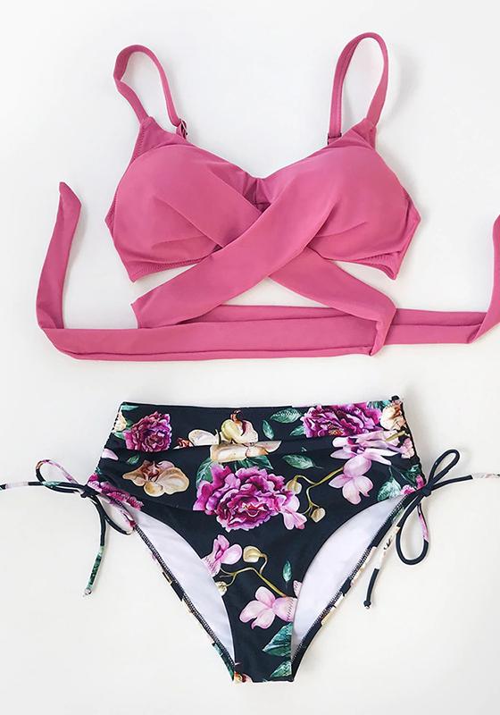 Pink And Floral Print High Waist Bikini Set