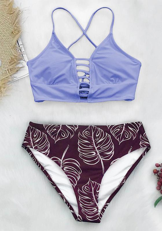 White and Leaves Print Mid-waist Bikini Set