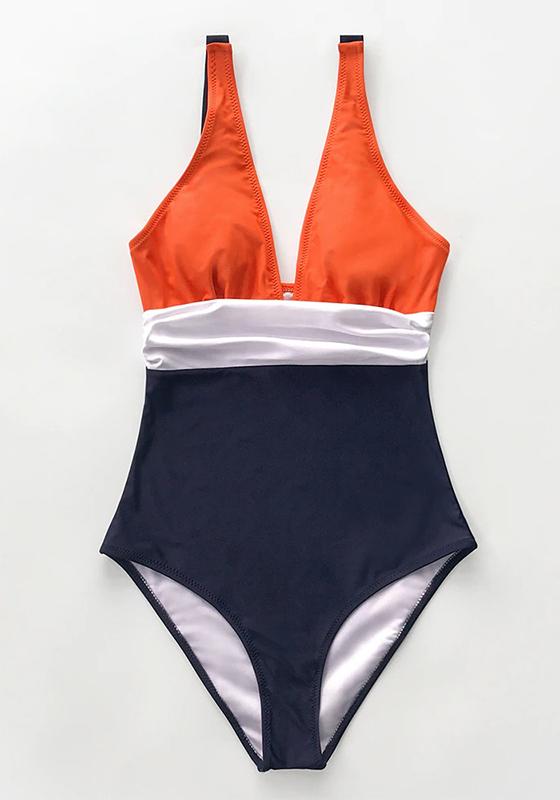 Orange White and Navy Ruching One-Piece