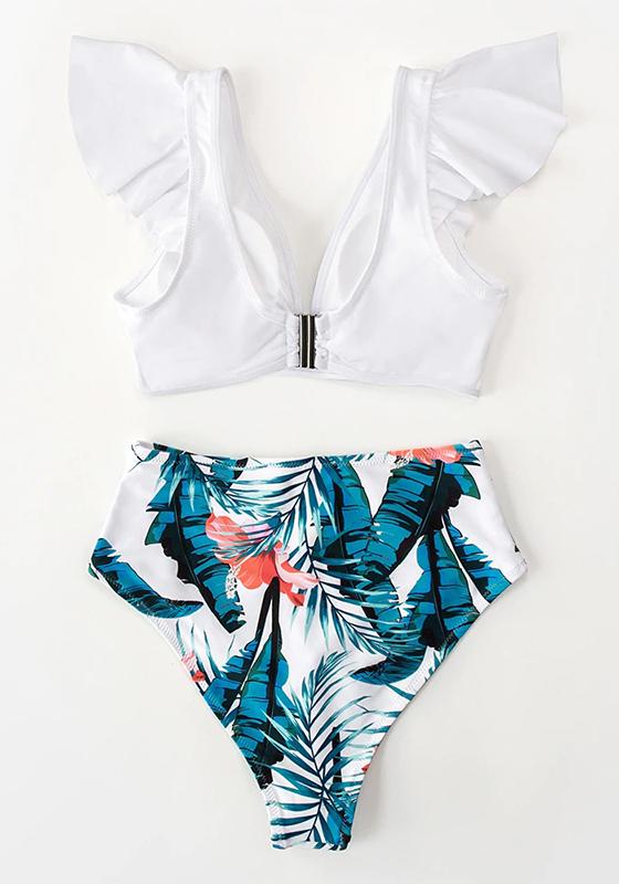 Teal Floral Ruffled High Waist Bikini Set