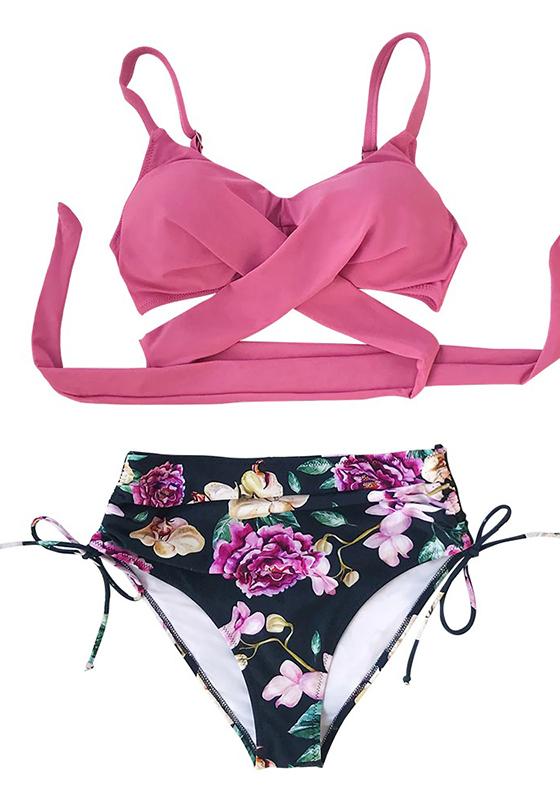 Pink And Floral Print High Waist Bikini Set