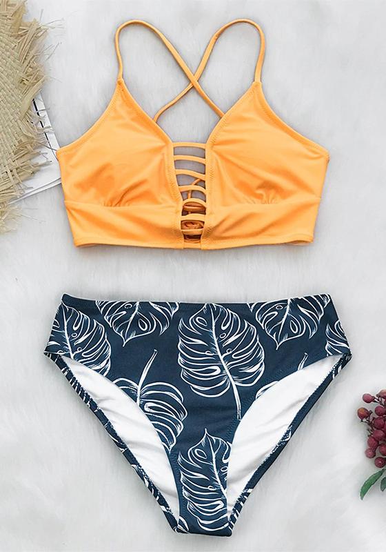 White and Leaves Print Mid-waist Bikini Set