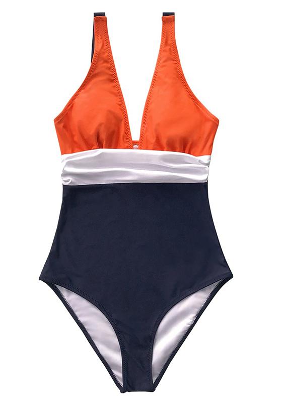 Orange White and Navy Ruching One-Piece