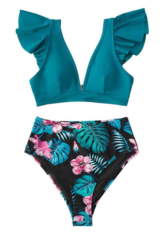 Teal Floral Ruffled High Waist Bikini Set