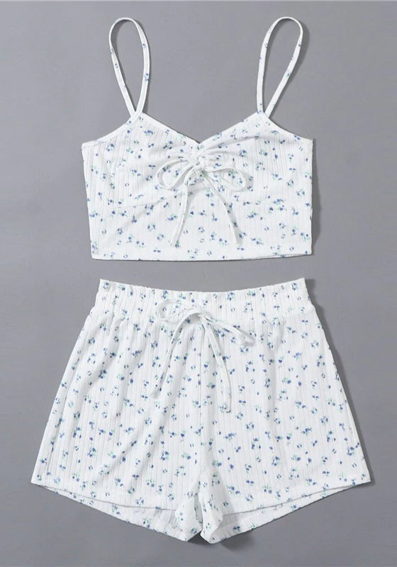 White Floral Crop Cami Top and Shorts PJ Set