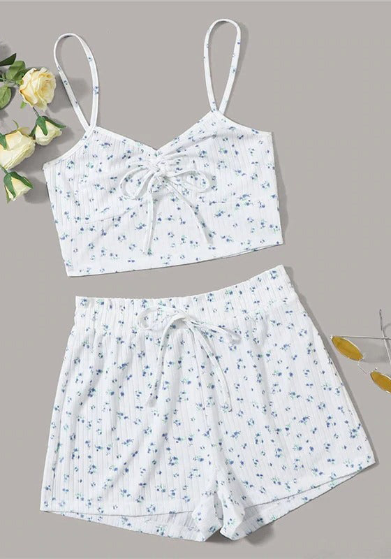 White Floral Crop Cami Top and Shorts PJ Set