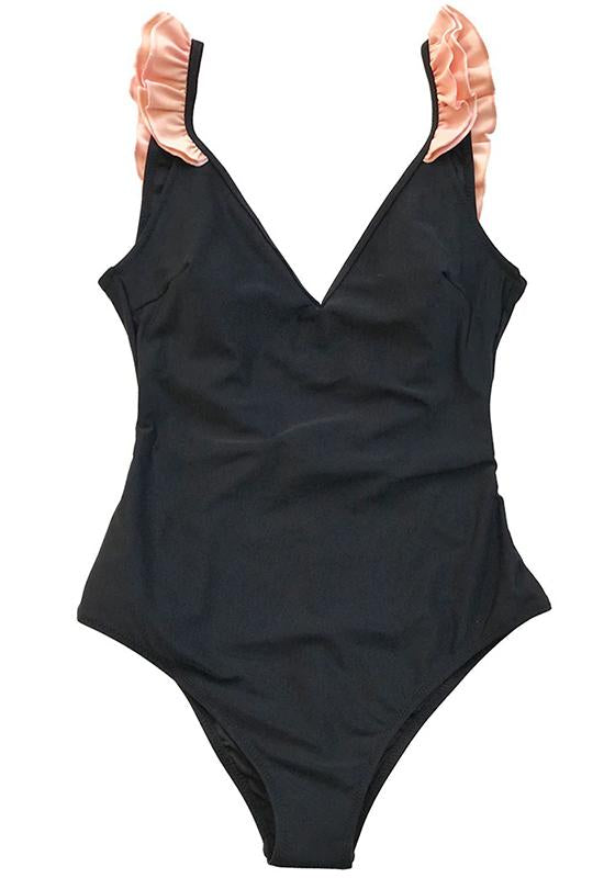 Black With Pink Ruffle One-Piece