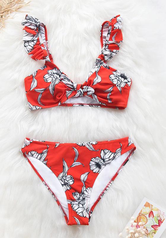 Red Floral Knotted Ruffled Bikini Set