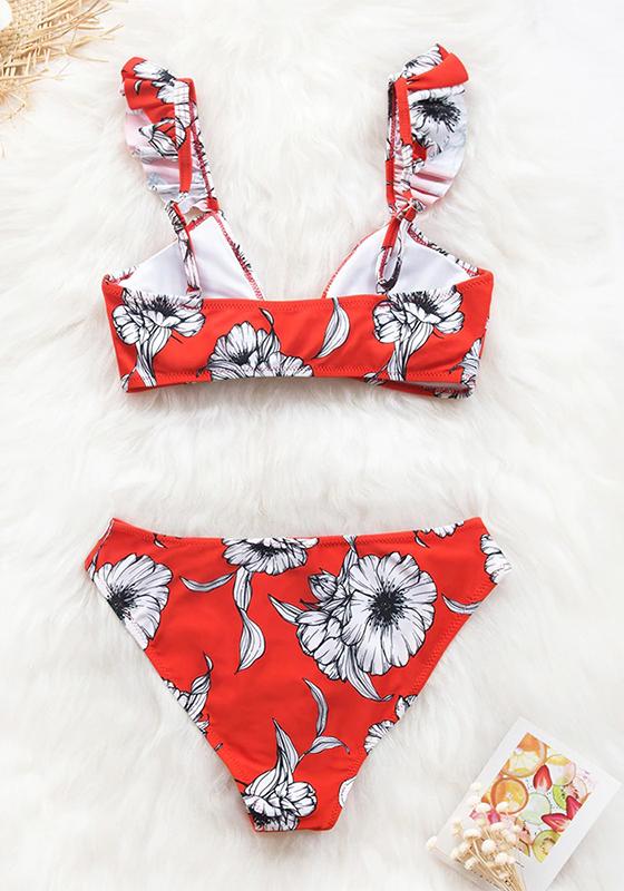 Red Floral Knotted Ruffled Bikini Set