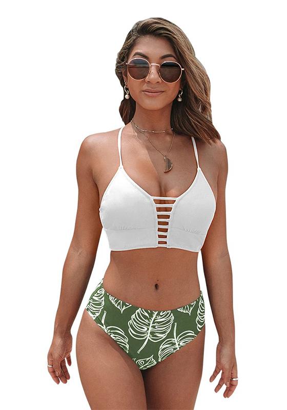 White and Leaves Print Mid-waist Bikini Set