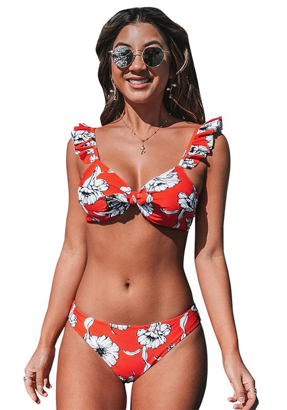 Red Floral Knotted Ruffled Bikini Set