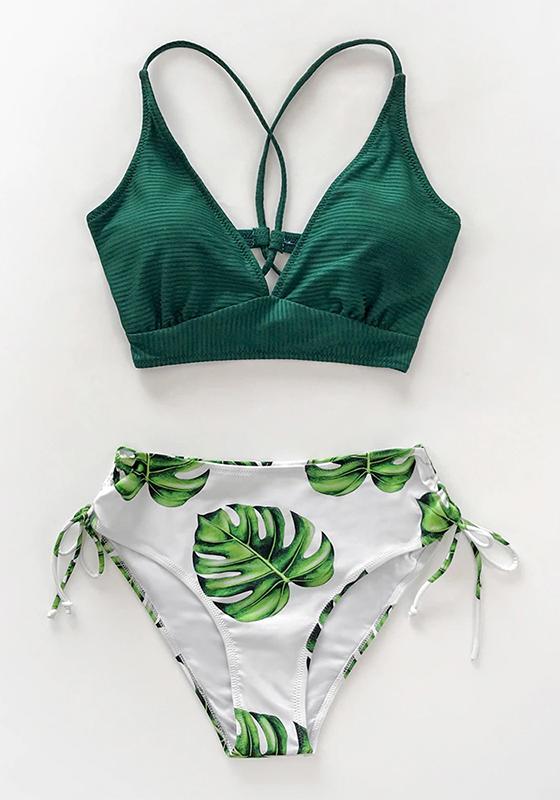 Green and Leaf Print Lace Up Bikini Set