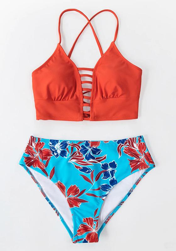 Red And Blue Floral Mid-waist Bikini Set