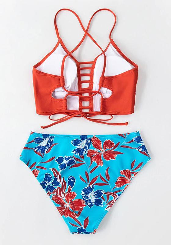 Red And Blue Floral Mid-waist Bikini Set