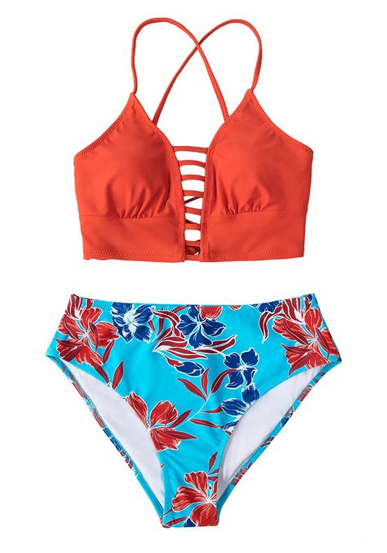 Red And Blue Floral Mid-waist Bikini Set