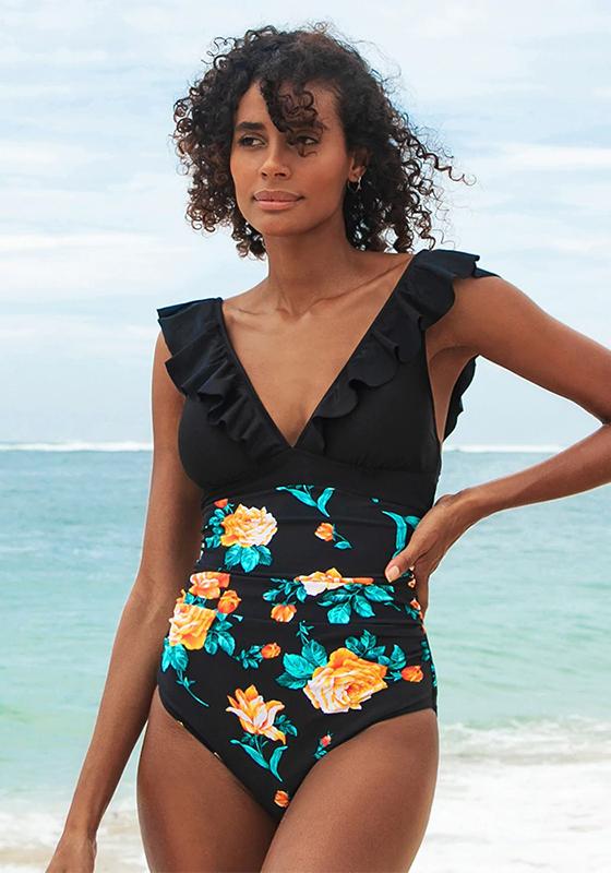 Black Floral V-neck Ruffled One-Piece