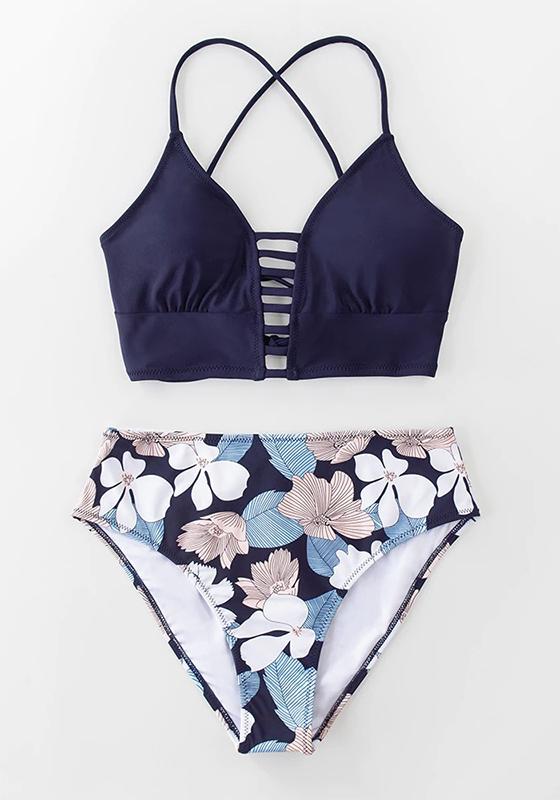 Red And Blue Floral Mid-waist Bikini Set