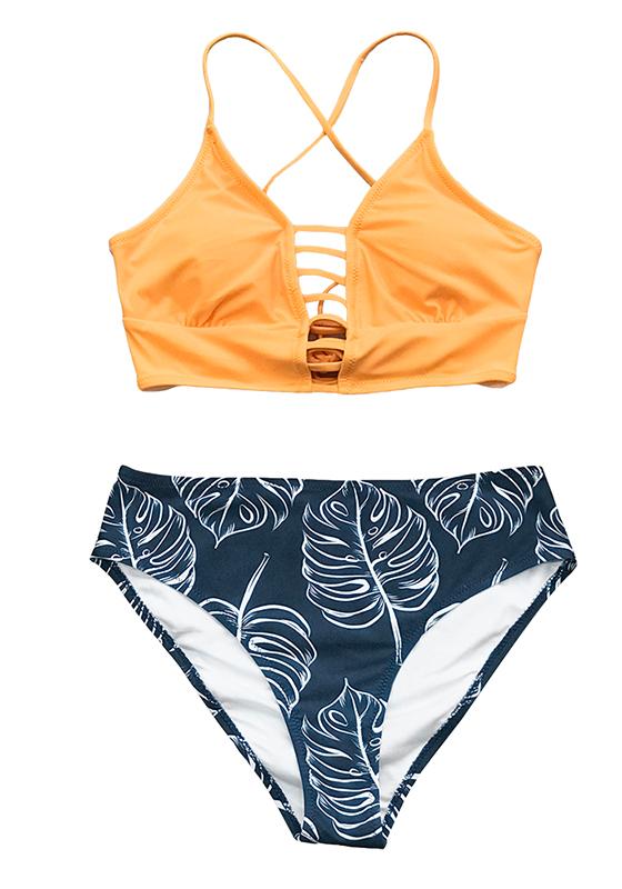 White and Leaves Print Mid-waist Bikini Set