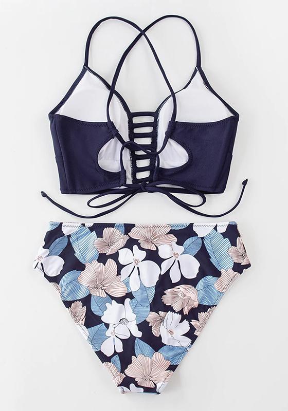 Red And Blue Floral Mid-waist Bikini Set