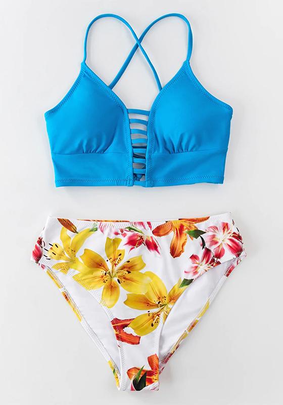 Red And Blue Floral Mid-waist Bikini Set