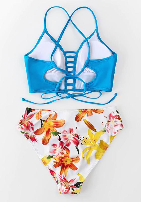 Red And Blue Floral Mid-waist Bikini Set