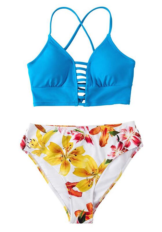 Red And Blue Floral Mid-waist Bikini Set