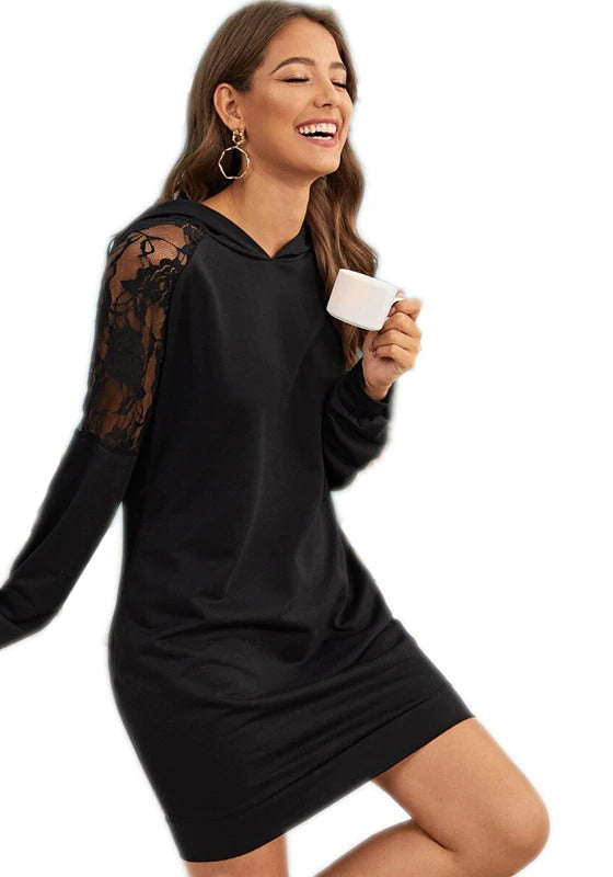 Contrast Lace Hooded Sweatshirt Dress