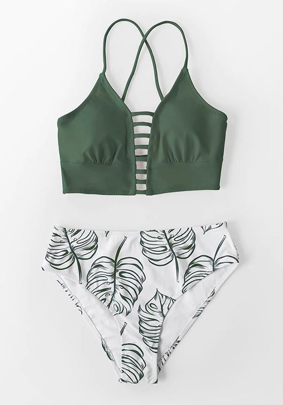 White and Leaves Print Mid-waist Bikini Set