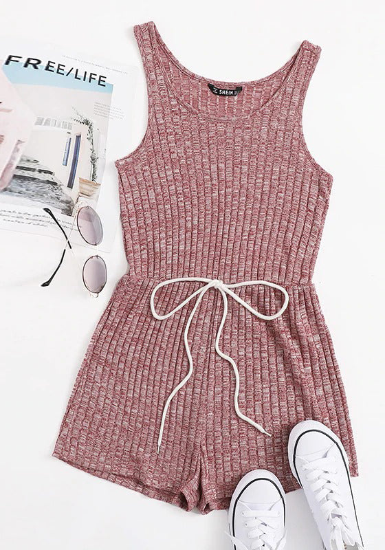 Tie Front Heather Rib-knit Tank Romper