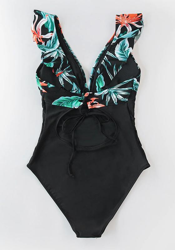 Black Floral V-neck Ruffled One-Piece