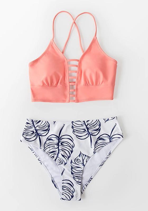 White and Leaves Print Mid-waist Bikini Set