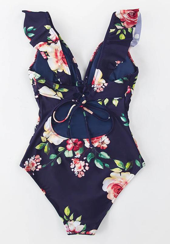 Black Floral V-neck Ruffled One-Piece