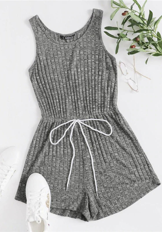 Tie Front Heather Rib-knit Tank Romper