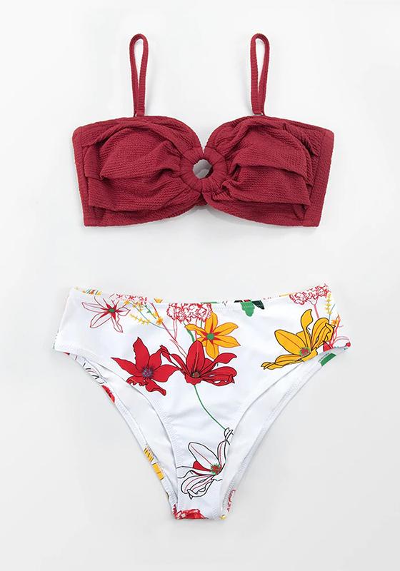 Red Floral O-Ring Bikini Set