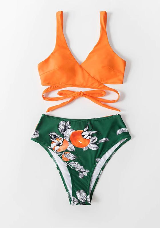 Orange Floral Wrap Lace Up Bikini Set