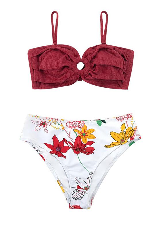 Red Floral O-Ring Bikini Set