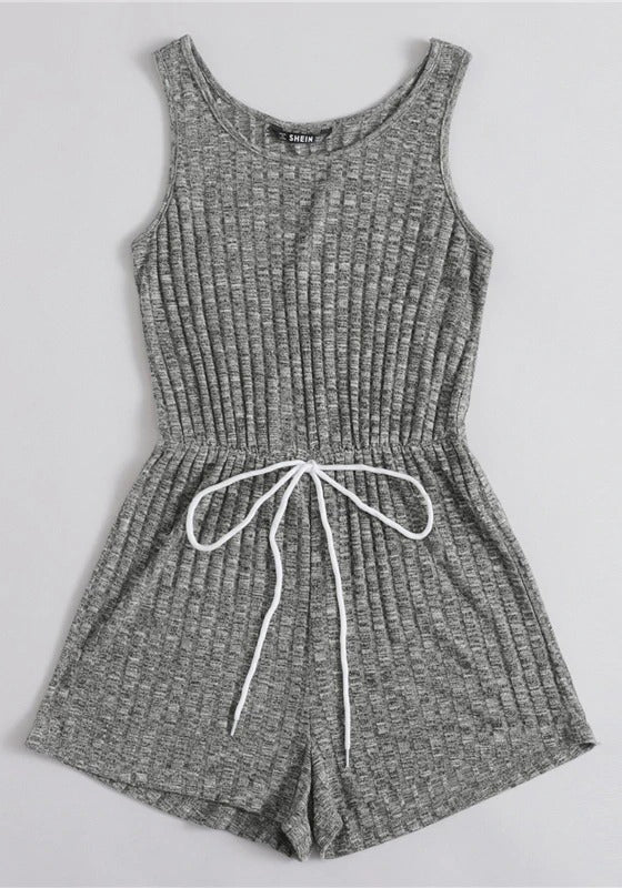 Tie Front Heather Rib-knit Tank Romper