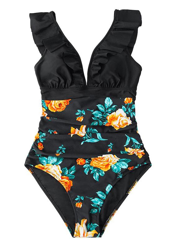 Black Floral V-neck Ruffled One-Piece