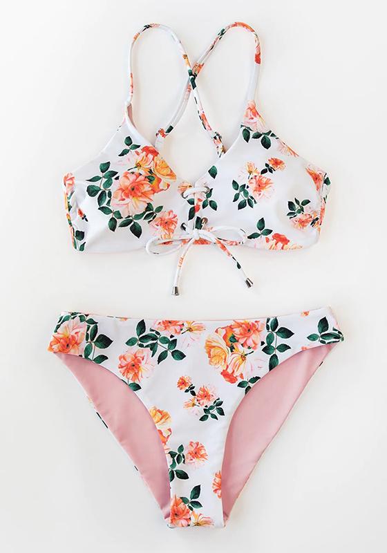 Pink Floral Lace Up Low-Rise Bikini Set