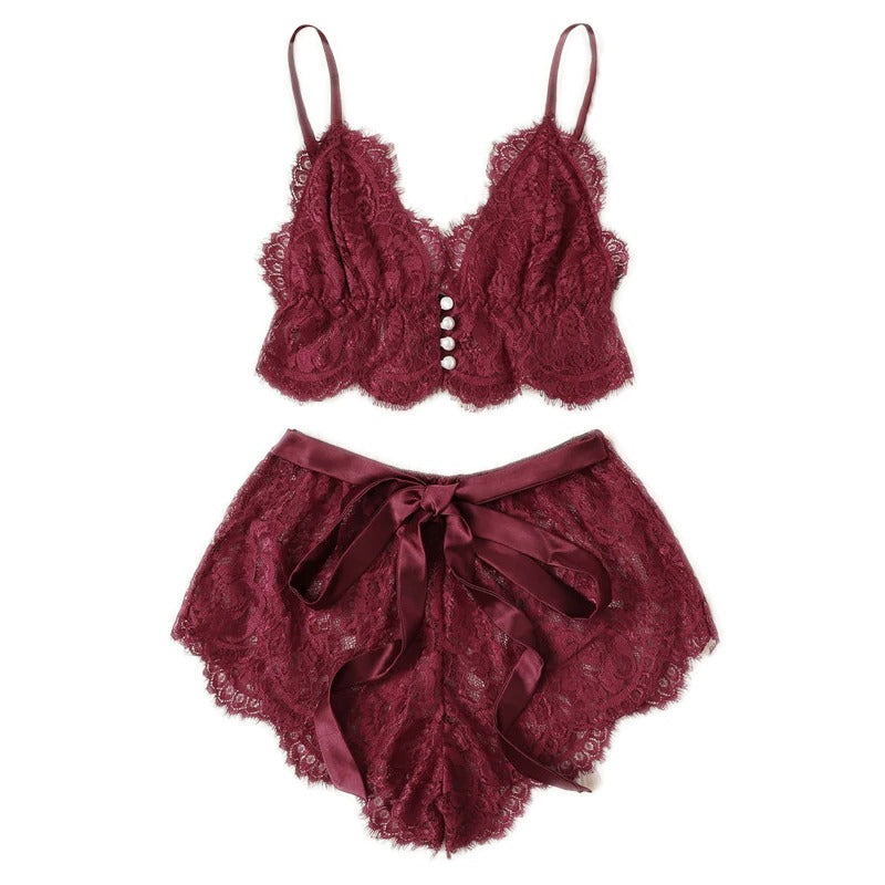 V Neck Lace Satin Pajama Set