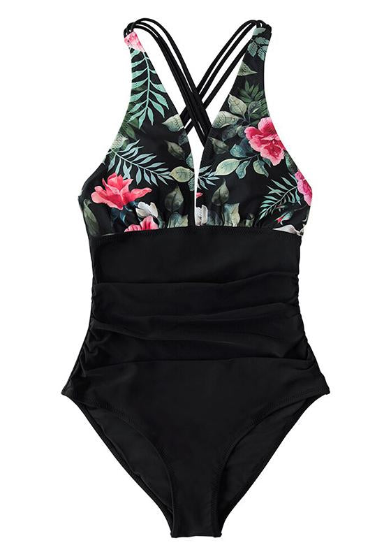 Black Print V-neck One-Piece Swimsuit