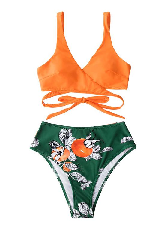 Orange Floral Wrap Lace Up Bikini Set