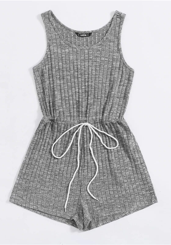 Tie Front Heather Rib-knit Tank Romper