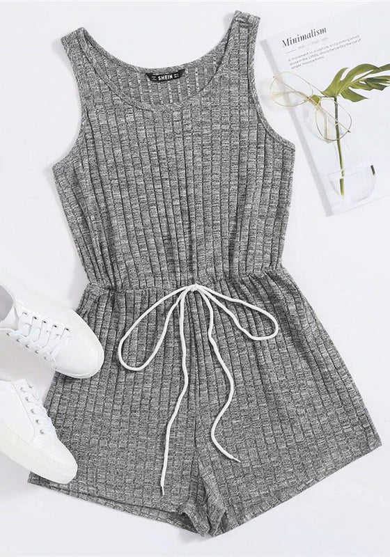 Tie Front Heather Rib-knit Tank Romper