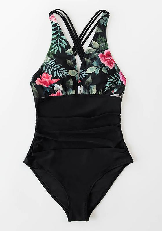 Black Print V-neck One-Piece Swimsuit