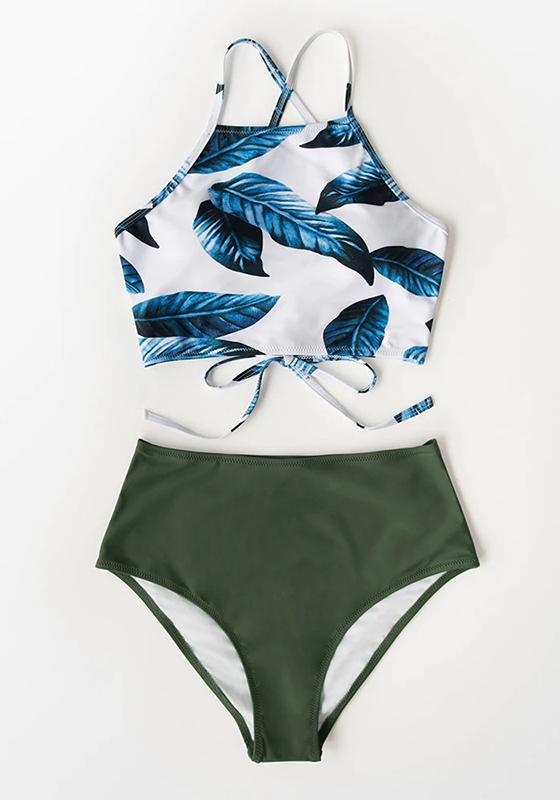 Blue Leaf and Green High-waist Bikini Set