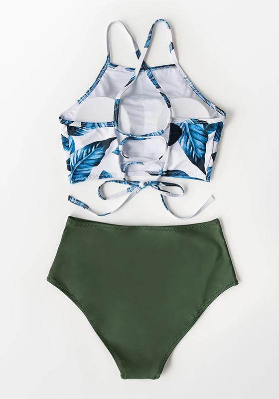 Blue Leaf and Green High-waist Bikini Set